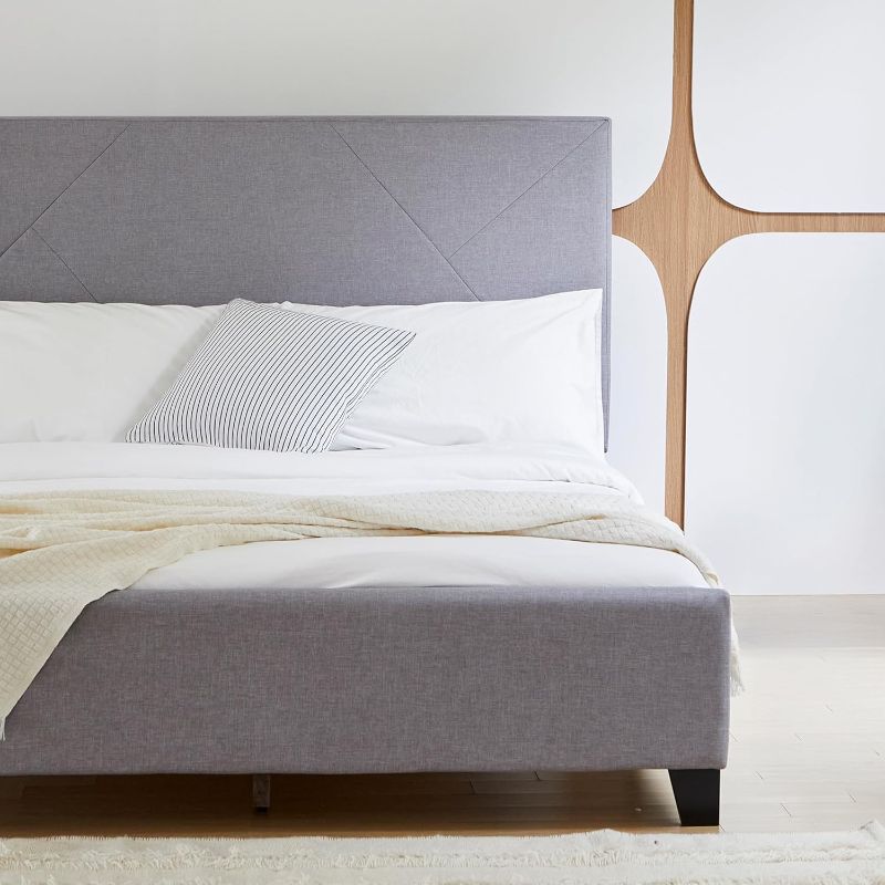 Photo 1 of Livinia Stella Twin Size Platform Bed, Fabric Upholstered Twin Bed Frame with Height Adjustable Headboard Footboard, Strong Wood Slats, No Box Spring Needed, Gray (Twin)