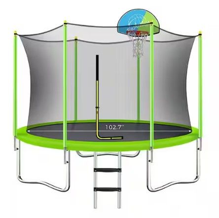 Photo 1 of 10 ft. Trampoline with Safety Enclosure Net, Basketball Hoop and Ladder, Easy Assembly Round Recreational Trampoline
