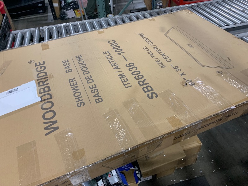 Photo 1 of WOODBRIDGE 60 L x 36 W x 75 H Alcove Solid Surface Shower Combo Kits with Glue Up Shower Walls in Glossy White and Single Threshold Shower Base in White with Center Drain and Black Cover