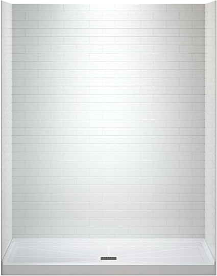 Photo 1 of WOODBRIDGE 60 L x 36 W x 75 H Alcove Solid Surface Shower Combo Kits with Glue Up Shower Walls in Glossy White and Single Threshold Shower Base in White with Center Drain and Black Cover
