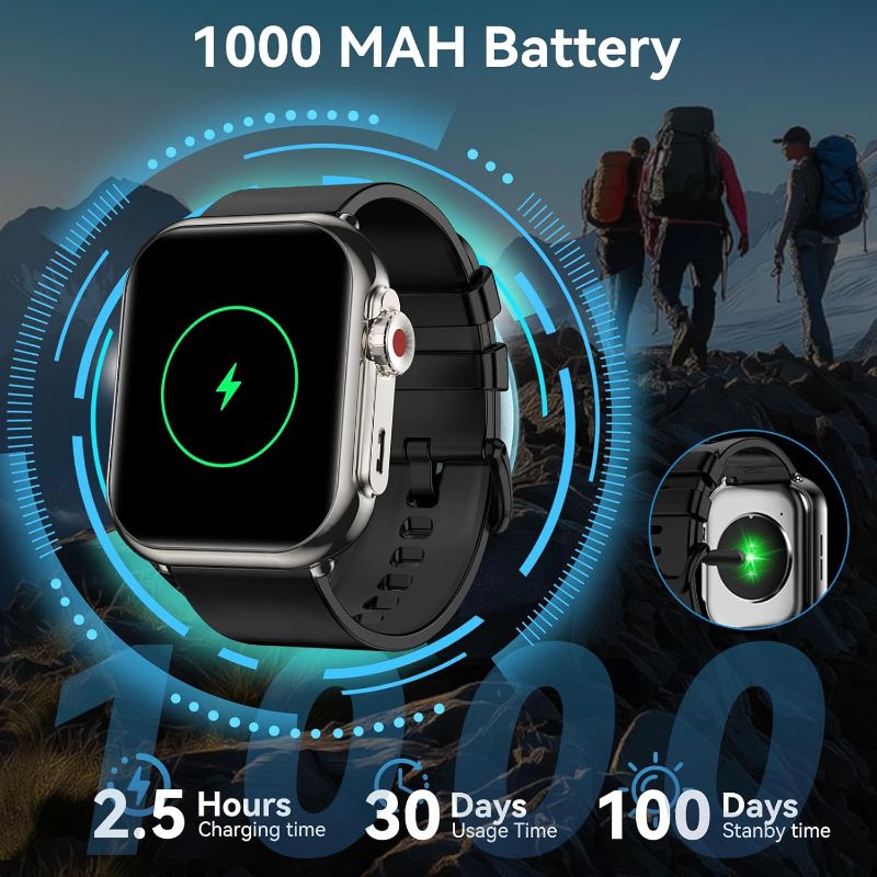 Photo 1 of Smart Watch for Men Women, 1000 mAh 100 Day Battery Life, 1.85" Fitness Tracker Bluetooth Call/Make Calls, 110+ Sport Modes, IP68 Waterproof, Heart Rate, 24/7 Sleep Monitor Fitness Watch, iOS/Android

