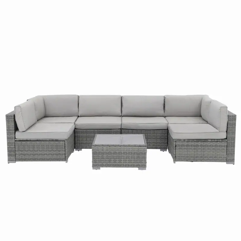 Photo 1 of Garvee 7-Piece Outdoor Patio Furniture Set – All-Weather PE Wicker Sectional Sofa with Cushions & Glass Coffee Table, Modular Conversation Set for Garden, Balcony, Poolside (6-Seater)

