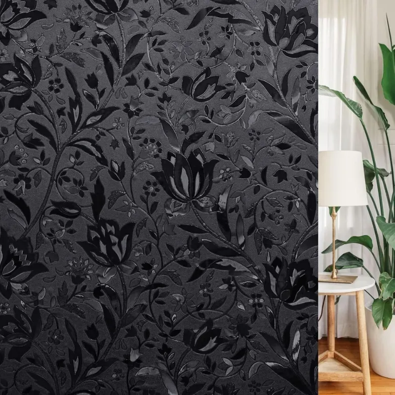Photo 1 of 1 Roll Black Tulip Pattern Privacy Window Film, Classic Style, Static Cling Mount, 10mil Thickness, Light & Privacy Blocking, Glass Tint Decal
