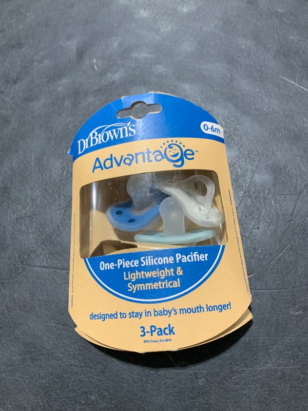 Photo 1 of Dr. Brown's Advantage One-Piece Silicone Baby Pacifier, Fully Symmetrical Soother, Blue/Light Blue/Gray, 0-6m, BPA Free, 3 Pack