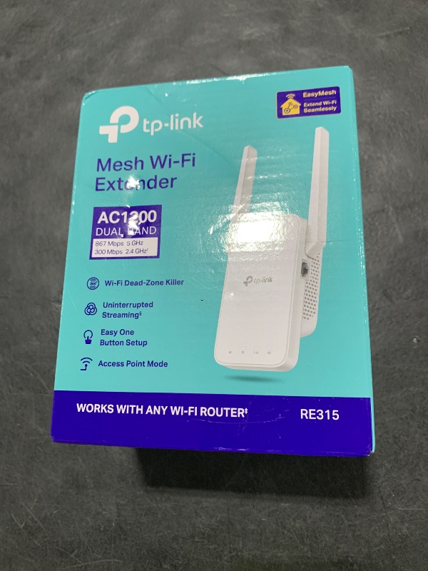 Photo 1 of TP-Link AC1200 WiFi Extender, 2025 Wirecutter Best WiFi Extender, 1.2Gbps Home Signal Booster, Dual Band 5GHz/2.4GHz, Up to 1600 Sq.ft and 32 Devices, EasyMesh Compatible, One Ethernet Port (RE315)