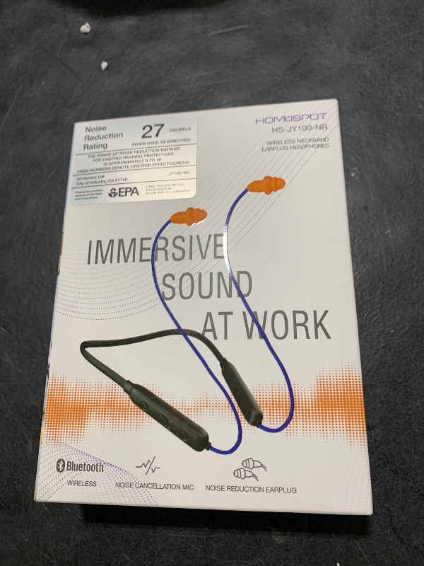 Photo 1 of HomeSpot Noise Reduction Wireless Neckband Headphones with Qualcomm aptX HD, 27dB NRR, CVC Noise Cancelling Mic & Controls and 20H Playtime for Work Safety OSHA Compliant - Blue Wire Orange Earbuds