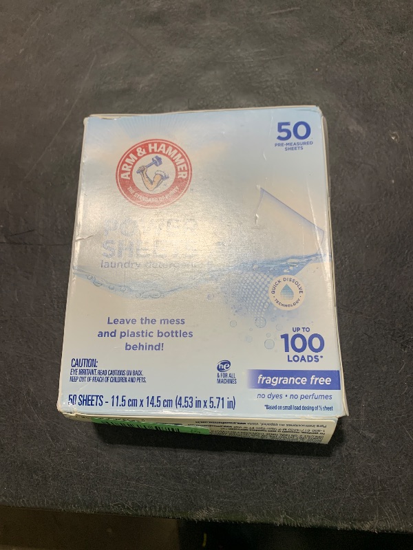 Photo 1 of ARM & HAMMER Power Sheets Laundry Detergent, Fragrance Free, Dermatologist Tested Concentrated Laundry Detergent Sheets, 50 Count, up to 100 Small Loads