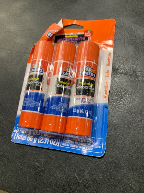 Photo 1 of Elmer's Disappearing Purple School Glue Sticks, Washable, 22 Grams, 3 Count - Back to School, Teacher Supplies, #1 Teacher Brand