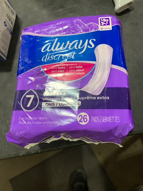 Photo 1 of Always Discreet Adult Incontinence Pads for Women, Ultimate Extra Absorbency, Long Length, Postpartum Pads, 104 Count (4 Packs of 26)