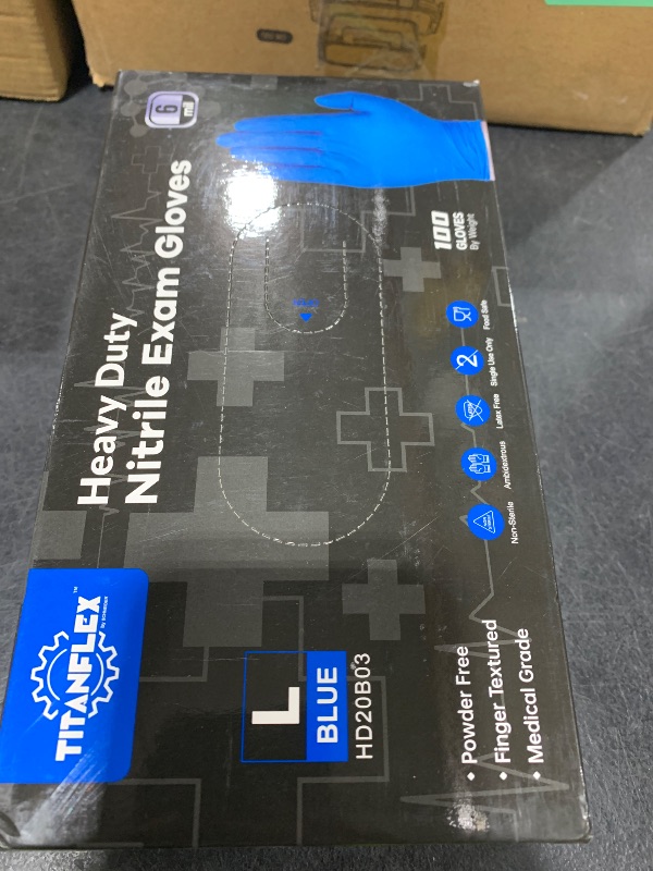 Photo 1 of TitanFlex Nitrile Exam Gloves, Blue, 6-mil, Large, Box of 100, Heavy Duty Nitrile Gloves Disposable Latex Free, Powder Free, Medical Gloves, Cooking Gloves, Mechanic Gloves, Cleaning Gloves