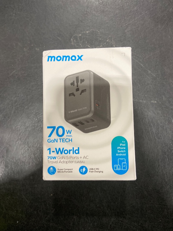 Photo 1 of MOMAX Universal Travel Adapter, 70W GaN Travel Plug Adapter with UK,EU,AU,US Plugs, 3USB-C PD & 2USB-A QC International Adapter Charger, International Adapter for Laptops Phones Vision Pro, Black