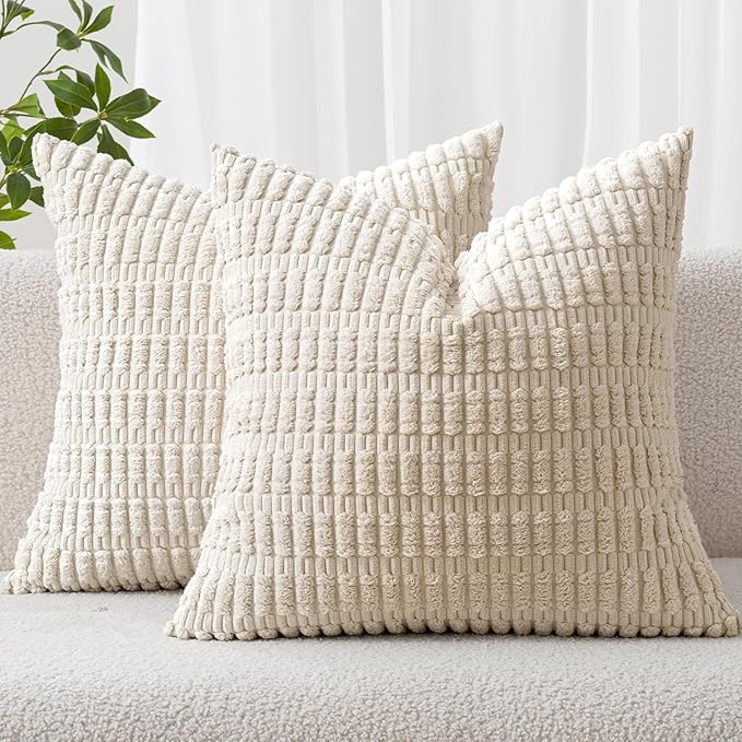 Photo 1 of MIULEE Pack of 2 Corduroy Decorative Throw Pillow Covers 16x16 Inch Soft Boho Striped Pillow Covers Modern Farmhouse Home Decor for Sofa Living Room Couch Bed Cream White
