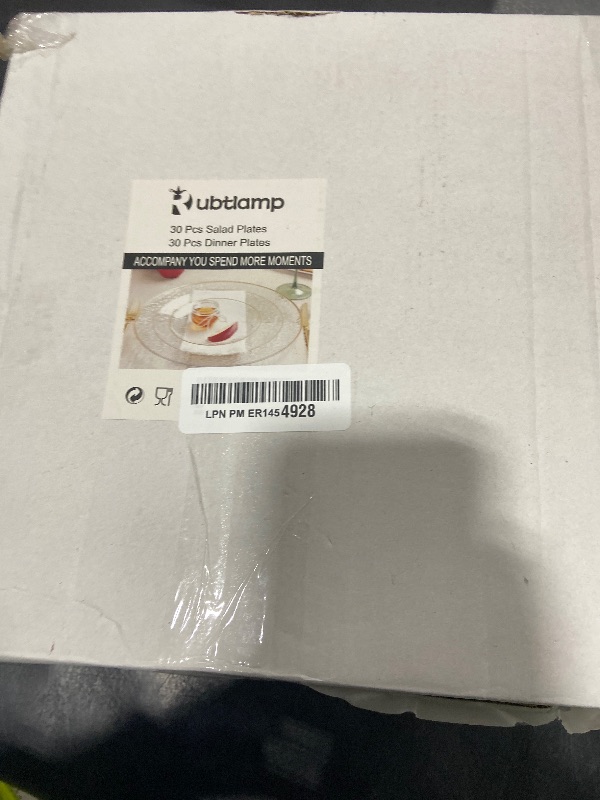Photo 1 of Rubtlamp 60Pcs Clear Plastic Plates,Clear Disposable Plates With Gold Rim,Heavy-duty Gold Plates,Hammered Party Plates Include 30Clear Dessert-Platos,30Dinner-Platos for Wedding, Party