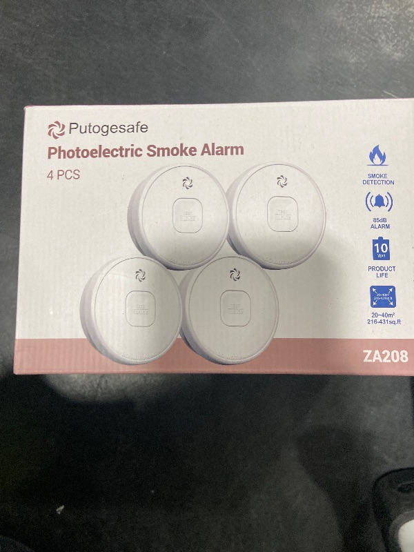 Photo 1 of Putogesafe Smoke Detector, 10-Year Smoke Alarm with Photoelectric Sensor and Built-in 3V Lithum Battery, Fire Alarm with Test Button and Low Battery Warning, Fire Safety for Home, 4 Pack