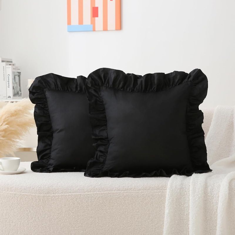 Photo 1 of 2 Pack Black Ruffle Throw Pillow Covers 18x18 inches, 100% Cotton French Country Rustic Vintage Decorative Bed Pillow Shams (Black, 18x18 inches)