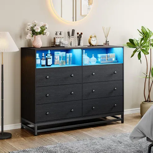 Photo 1 of Garvee Wide Dresser for Bedroom with Charging Station, 6 Drawers, LED Lights, Wood, Modern Large Capacity Storage, Black
