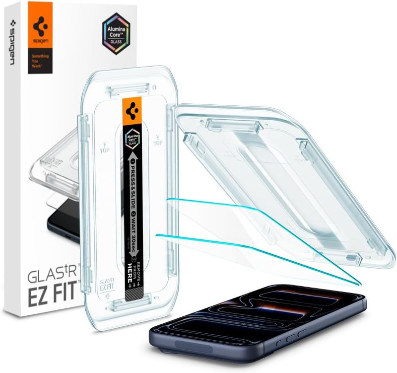 Photo 1 of Spigen AluminaCore Tempered Glass Screen Protector [Glas.tR EZ Fit] designed for iPhone 17 Pro | iPhone 17 | iPhone 16 Pro [2 Pack] 9H+ Hardness, Aluminum-Enhanced Durability
