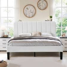 Photo 1 of Upholstered Bed, White Queen Bed Platform Bed Frame with Adjustable Headboard, Strong Wooden Slats Support Bed Frame


