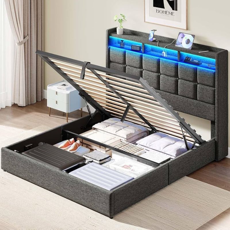 Photo 1 of Lift Up Queen Bed Frame with Storage, Upholstered Bed Frame Queen Size