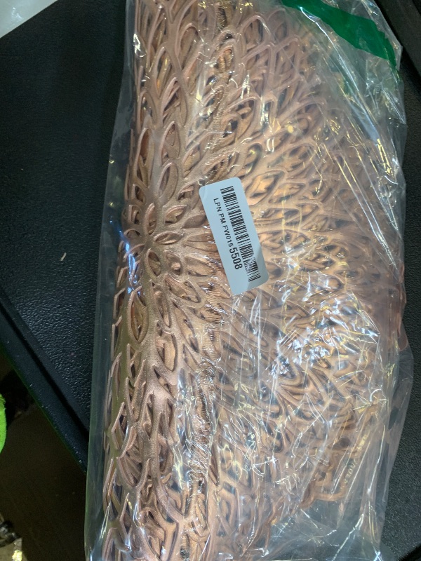 Photo 1 of Snowkingdom 18 Pack Rose Gold Placemats Bulk Metallic Pressed Vinyl for Mother's Day Dinning Table Decoration Floral Mats Round Floral Charger Decoration for Weddings Christmas Holiday