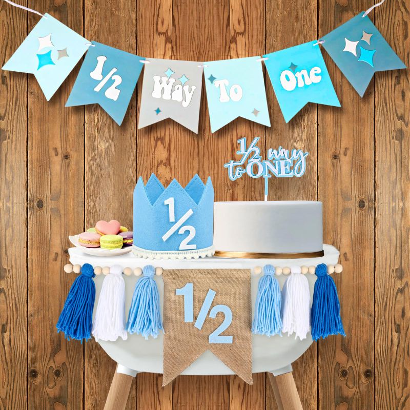 Photo 1 of 1/2 Birthday Boy Half Birthday Decorations – 4PCS Blue 6 Month Party Set with 1/2 Way to One Banner, Halfway High Chair Banner, Cake Topper and Hat for 6 Month Baby Boy Photo Shoot Decor