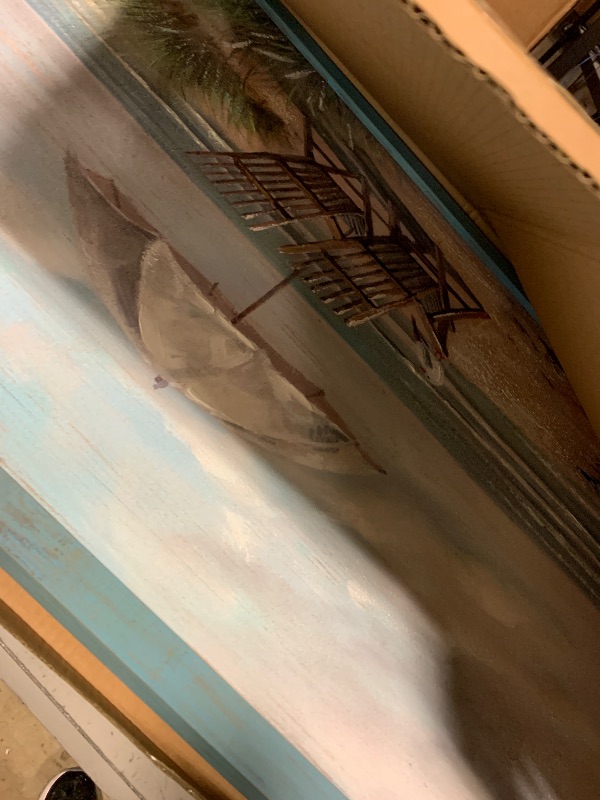 Photo 1 of Seascape Wooden Framed Wall Art: Abstract Beach Chair Picture Coastal Seagull Print Blue Ocean Painting Lagre Textured Seaside Artwork for Living Room 60"x30"