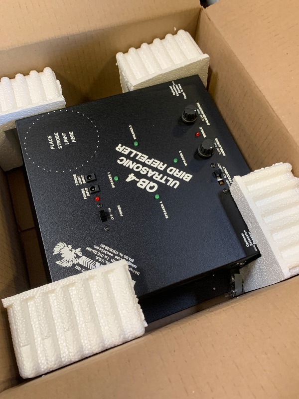 Photo 1 of Bird-X Quadblaster QB-4, Ultrasonic Bird Preventer with Optional Strobe Light and 4 Built-in Speakers, Ideal for Indoors and Semi-Enclosed Areas, Covers 6,500 sq. ft.