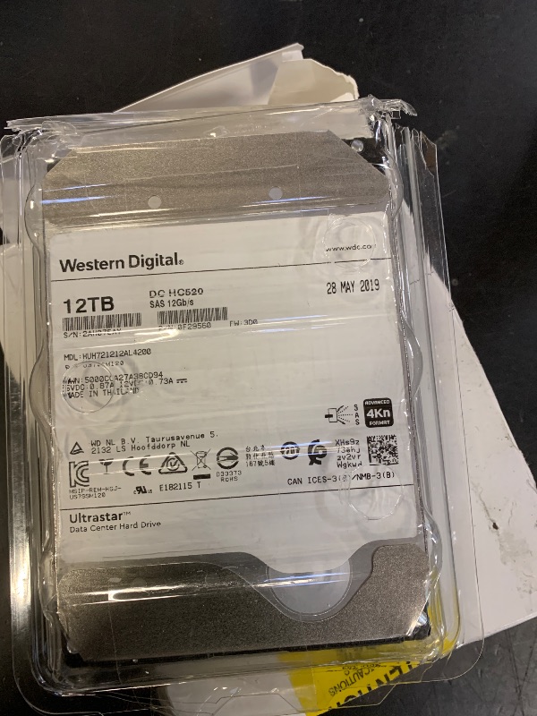 Photo 1 of HGST WD Ultrastar DC HC520 HUH721212AL4200 12TB HDD 7200 RPM SAS 12Gb/s Interface 4Kn ISE 3.5-Inch Helium Data Center Enterprise Internal Hard Disk Drive, Model: 0F29560