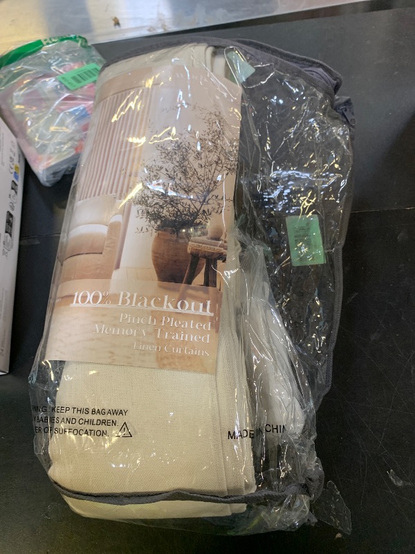 Photo 1 of Beige Blackout Linen Curtains 108 Inches Long for Bedroom Pinch Pleated Black Out Curtains Lined 2 Layers Memory Shape Noise Reducing Rustic Farmhouse Living Room Darkening Window Drapes Oatmeal