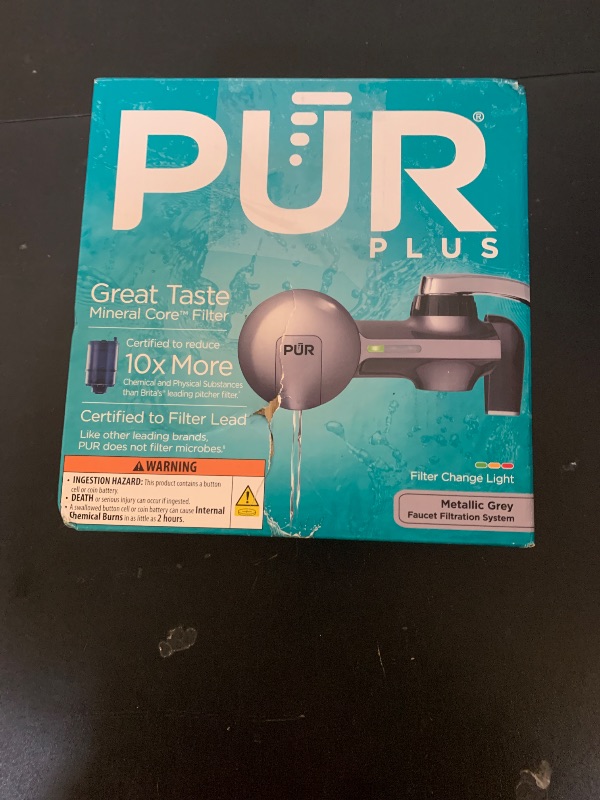 Photo 1 of PUR Plus Horizontal Faucet Mount Filtration System with 3-in-1 Lead Reducing Filter, Water Filter for Sink, Lasts 100 Gallons, Compatible with Sinks with External Aerators, Metallic Grey