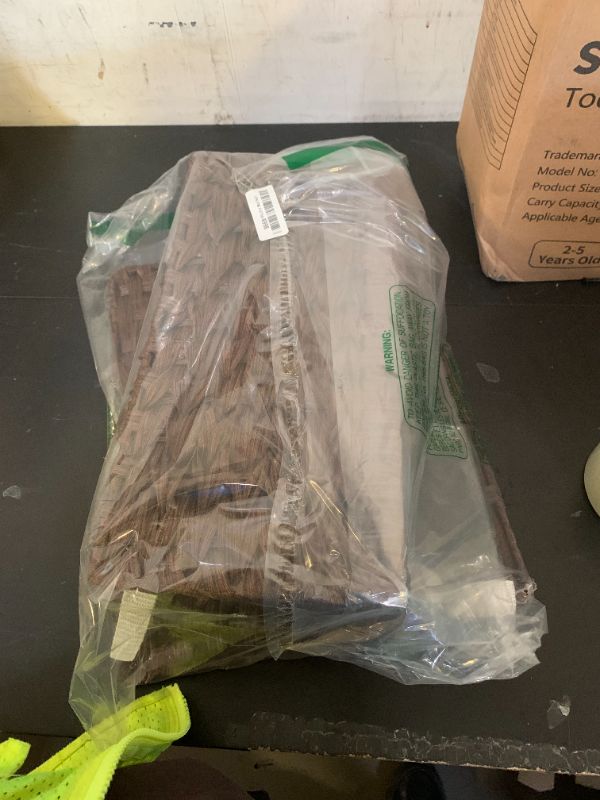 Photo 1 of **PARTIAL SET--BOTTOM MISSING **UBBCARE Storage Baskets with Label, Wicker Pantry Baskets for Shelves, Waterproof Woven Basket for Organizing, 2-Pack Plastic Rectangle Organizers with Handles, Dark Brown (16.5L×13W×7.5H)