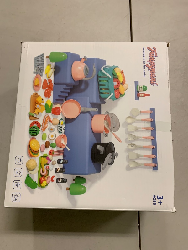 Photo 1 of 130Pcs Kitchen Playset, Toddler Pretend Cooking Play Pots, Pans, Utensils Cookware, Daily Food Fruit Veges, Shopping Storage Basket, Dessert, Prop Money, Learning Gift for Child (Blue)