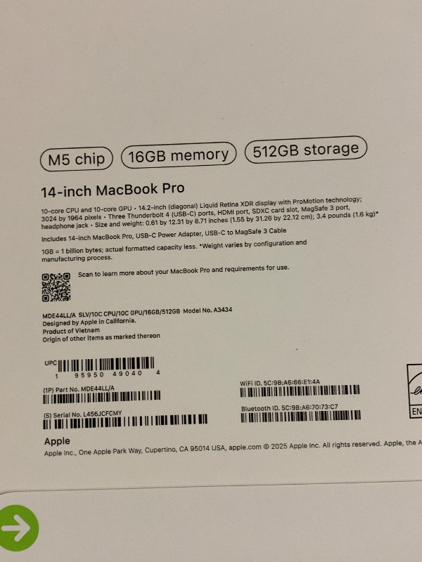 Photo 1 of Apple 2025 MacBook Pro Laptop with M5 chip with 10?core CPU and 10?core GPU: Built for Apple Intelligence, 14.2-inch Liquid Retina XDR Display, 16GB Unified Memory, 512GB SSD Storage; Silver