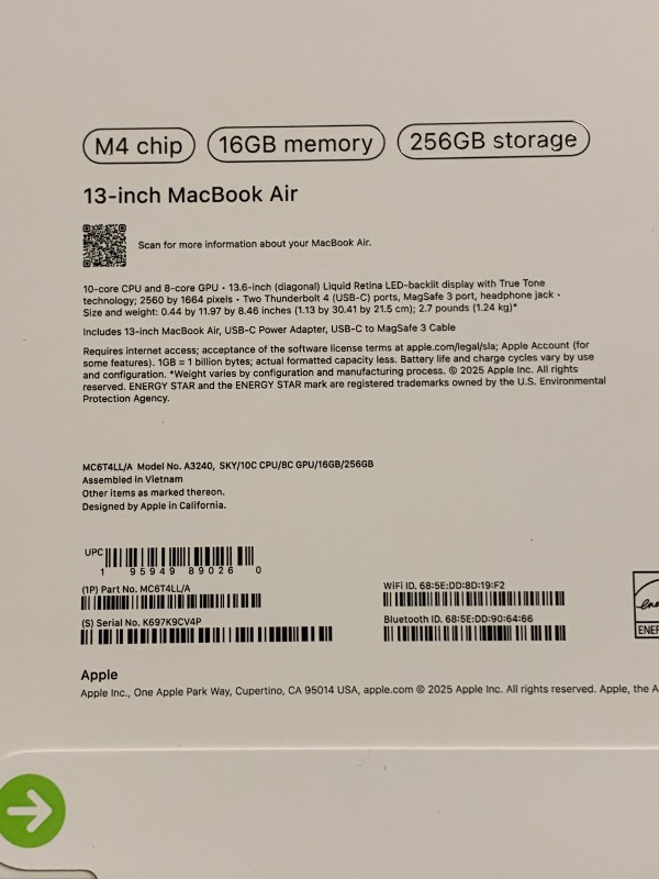 Photo 1 of Apple 2025 MacBook Air 13-inch Laptop with M4 chip: Built for Apple Intelligence, 13.6-inch Liquid Retina Display, 16GB Unified Memory, 256GB SSD Storage, 12MP Center Stage Camera, Touch ID; Sky Blue