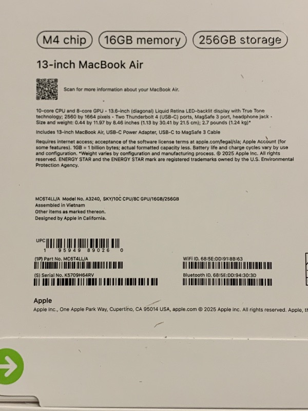 Photo 1 of Apple 2025 MacBook Air 13-inch Laptop with M4 chip: Built for Apple Intelligence, 13.6-inch Liquid Retina Display, 16GB Unified Memory, 256GB SSD Storage, 12MP Center Stage Camera, Touch ID; Sky Blue