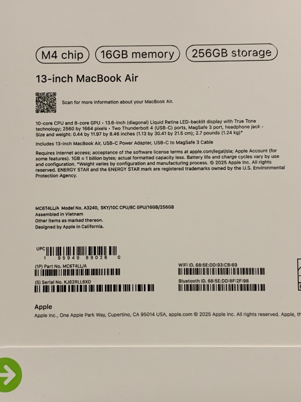 Photo 1 of Apple 2025 MacBook Air 13-inch Laptop with M4 chip: Built for Apple Intelligence, 13.6-inch Liquid Retina Display, 16GB Unified Memory, 256GB SSD Storage, 12MP Center Stage Camera, Touch ID; Sky Blue