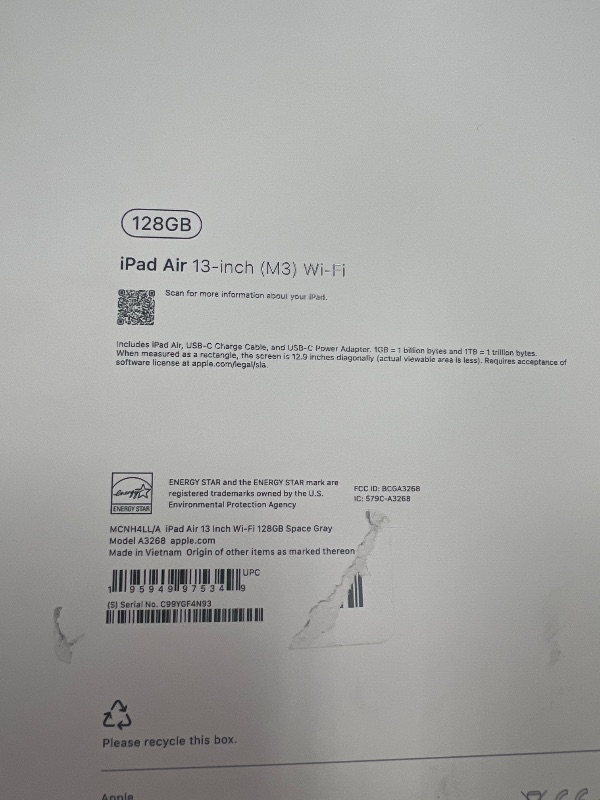 Photo 1 of Apple iPad Air 13-inch with M3 chip Built for Apple Intelligence, Liquid Retina Display, 128GB, 12MP Front/Back Camera, Wi-Fi 6E, Touch ID, All-Day Battery Life — Space Gray