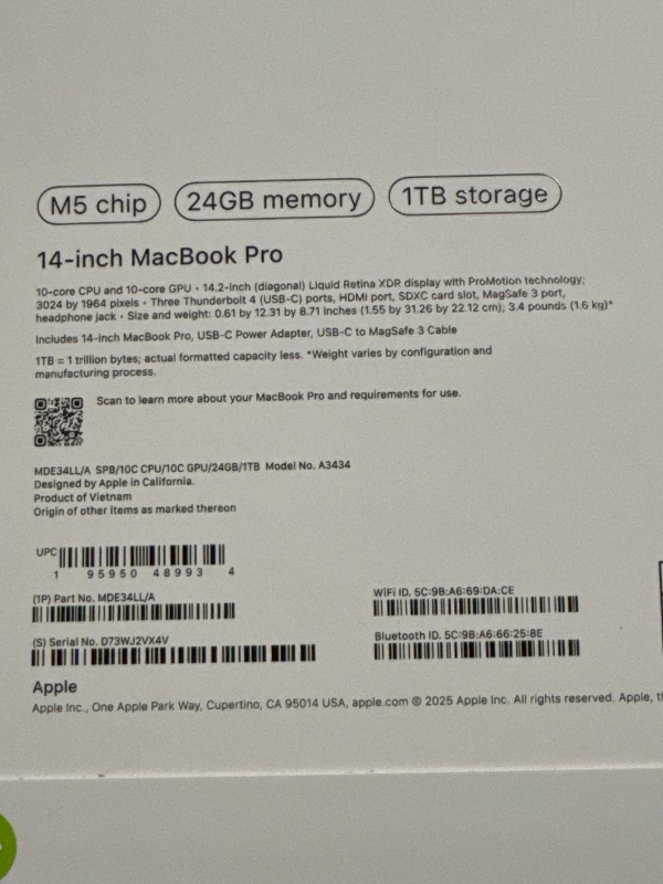 Photo 1 of Apple 2025 MacBook Pro Laptop with M5 chip with 10?core CPU and 10?core GPU: Built for Apple Intelligence, 14.2-inch Liquid Retina XDR Display, 24GB Unified Memory, 1TB SSD Storage; Space Black
