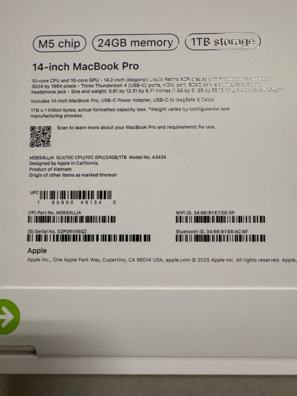 Photo 1 of Apple 2025 MacBook Pro Laptop with M5 chip with 10?core CPU and 10?core GPU: Built for Apple Intelligence, 14.2-inch Liquid Retina XDR Display, 24GB Unified Memory, 1TB SSD Storage; Silver