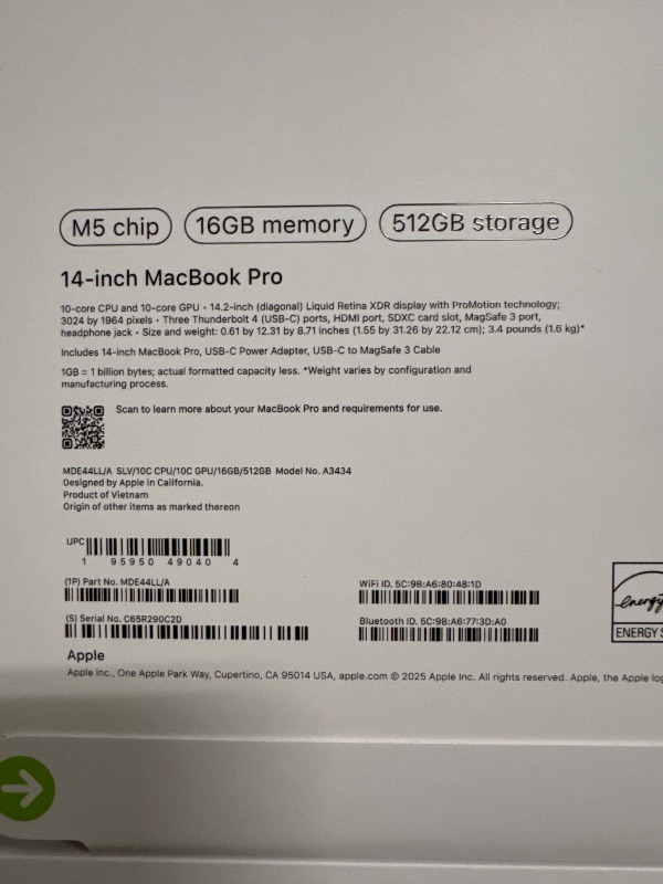 Photo 1 of Apple 2025 MacBook Pro Laptop with M5 chip with 10?core CPU and 10?core GPU: Built for Apple Intelligence, 14.2-inch Liquid Retina XDR Display, 16GB Unified Memory, 512GB SSD Storage; Silver