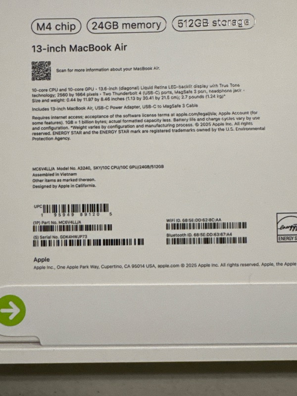 Photo 1 of Apple 2025 MacBook Air 13-inch Laptop with M4 chip: Built for Apple Intelligence, 13.6-inch Liquid Retina Display, 24GB Unified Memory, 512GB SSD Storage, 12MP Center Stage Camera, Touch ID; Sky Blue