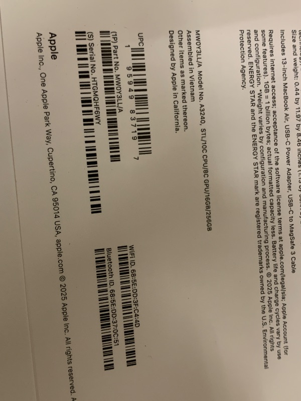 Photo 1 of Apple 2025 MacBook Air 13-inch Laptop with M4 chip: Built for Apple Intelligence, 13.6-inch Liquid Retina Display, 16GB Unified Memory, 256GB SSD Storage, 12MP Center Stage Camera, Touch ID; Starlight