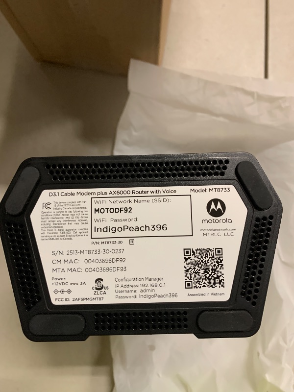 Photo 1 of Motorola MT8733 WiFi 6 Router + Multi-Gig Cable Modem + 2 Phone Ports | for Comcast Xfinity Voice and Gigabit Internet Plans Up to 2500 Mbps | AX6000 | DOCSIS 3.1 | with Smart Motosync App