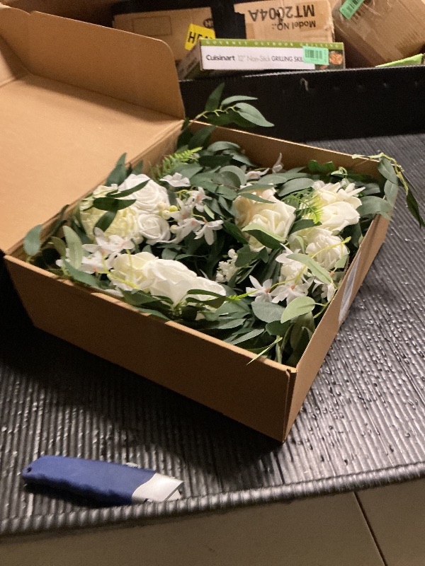 Photo 1 of Floroom 6ft Artificial Eucalyptus Garland with Flowers Fake Greenery Faux Floral Vine Garland for Table Decor Wedding Centerpieces Bridal Shower Party Decorations, Ivory White