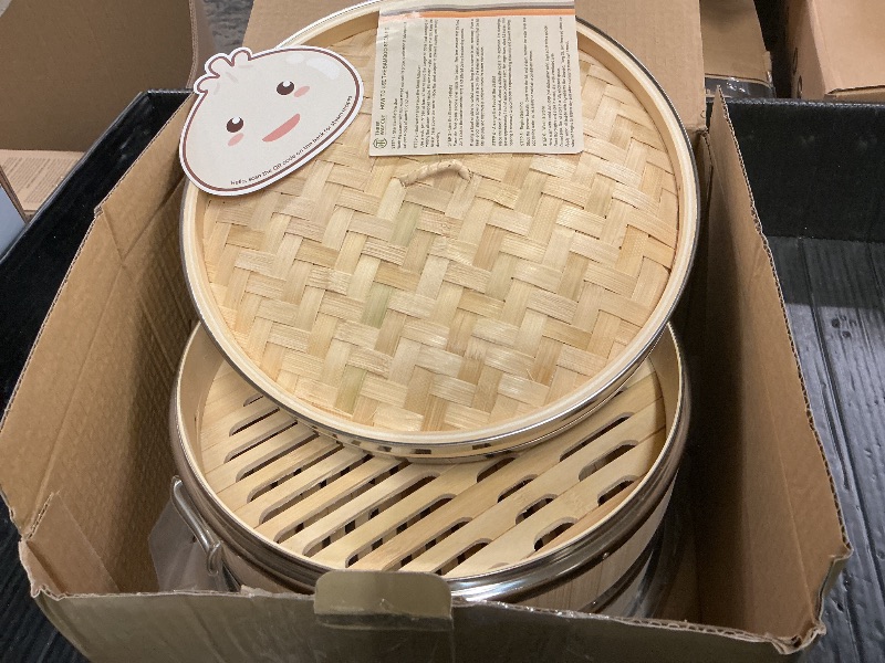 Photo 1 of 2-tier 12" Bamboo Steamer with Reinforcement & Handle, Reusable Silicone Liner & Accessories Kit For Cooking Dumpling, Baby Bao Bun, Dim Sum, Rice Potsticker Steaming Chinese Asian Food & Vegetables
