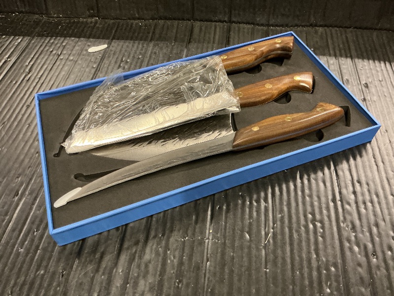 Photo 1 of 3PCS Butcher Knife Set,Hand Forged Serbian Chef Knife, Meat Cleaver,Boning Knife, Meat Cutting Kitchen Set for Home Cooking BBQ Perfect for Men Women With Gifts Box