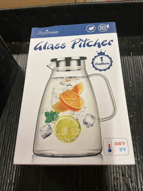Photo 1 of 1 Gallon 128oz Glass Pitcher, Water Pitcher with Lid and Spout, Glass Carafe for Hot/Cold Drink, Water Jug for Iced Tea, Coffee, Juice, Milk, Beverage (Extra-Wide Mouth)