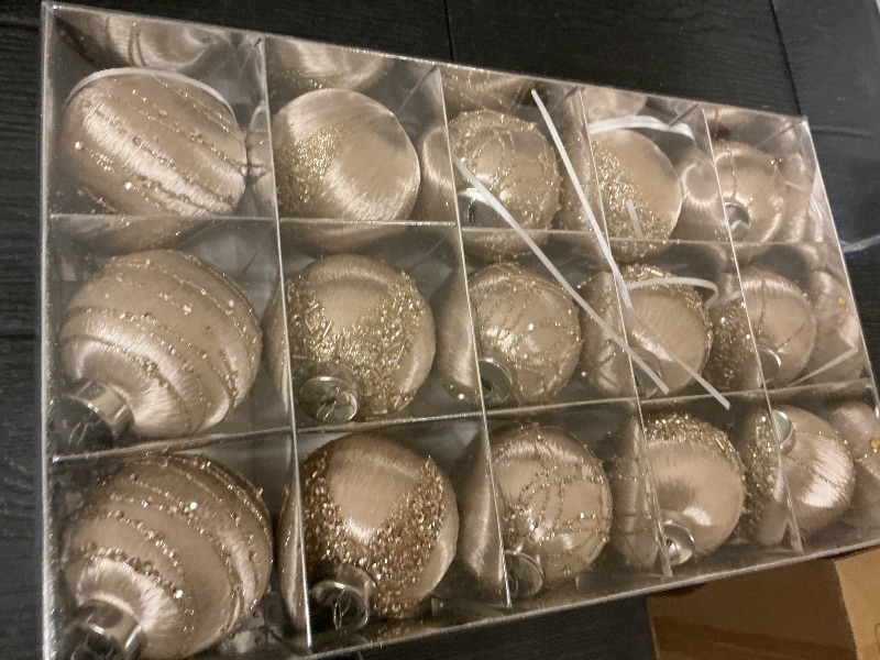 Photo 1 of 15 Pack 3.15" Fancy Christmas Tree Ornaments Set Large Christmas Baubles for Festive Decor Velvet Shatterproof Ornaments for Tree with Assorted Styles Satin Great as Christmas Ball Bulk Champagne