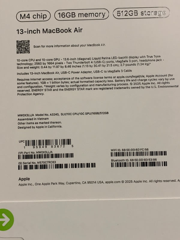 Photo 1 of Apple 2025 MacBook Air 13-inch Laptop with M4 chip: Built for Apple Intelligence, 13.6" Liquid Retina Display, 16GB Unified Memory, 512GB SSD Storage, 12MP Center Stage Camera, Touch ID, Silver