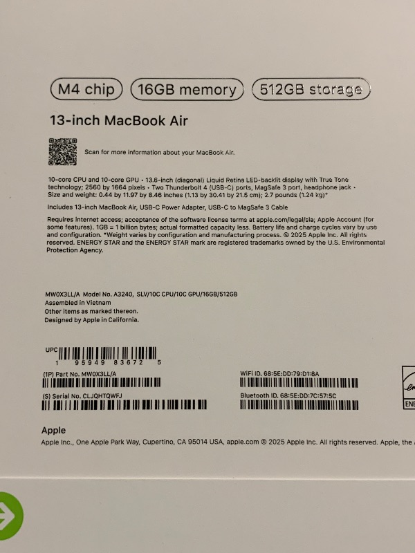 Photo 1 of Apple 2025 MacBook Air 13-inch Laptop with M4 chip: Built for Apple Intelligence, 13.6" Liquid Retina Display, 16GB Unified Memory, 512GB SSD Storage, 12MP Center Stage Camera, Touch ID, Silver
